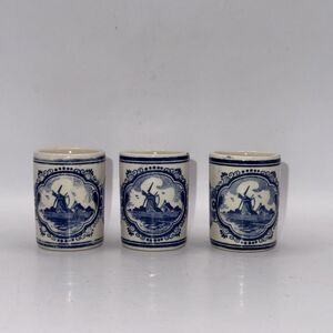 Vintage Hand Painted Vandermint Delft Shot Glass/Toothpick Holder Set Of 3